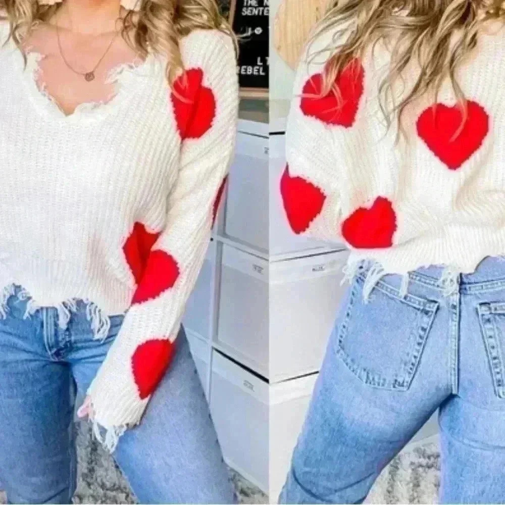 Cropped, distressed, grey sweater with red hearts, size XL, BNWT